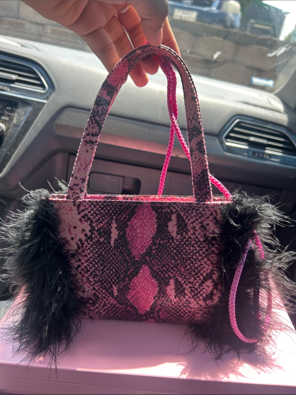 Sasha New York Pink Snake-Print Tote Bag with Black Feather Trim